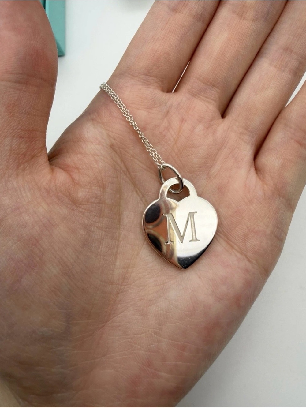 Tiffany & Co 16” letter M medium heart charm necklace in sterling silver